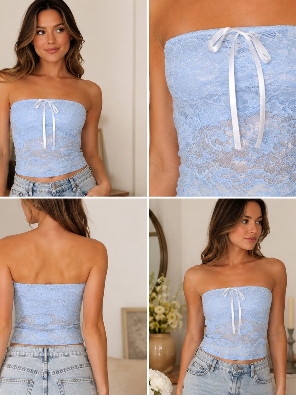 Princess Polly Light Blue Lace Strapless Tube Top with Satin Bow, NWT - Picture 9 of 9
